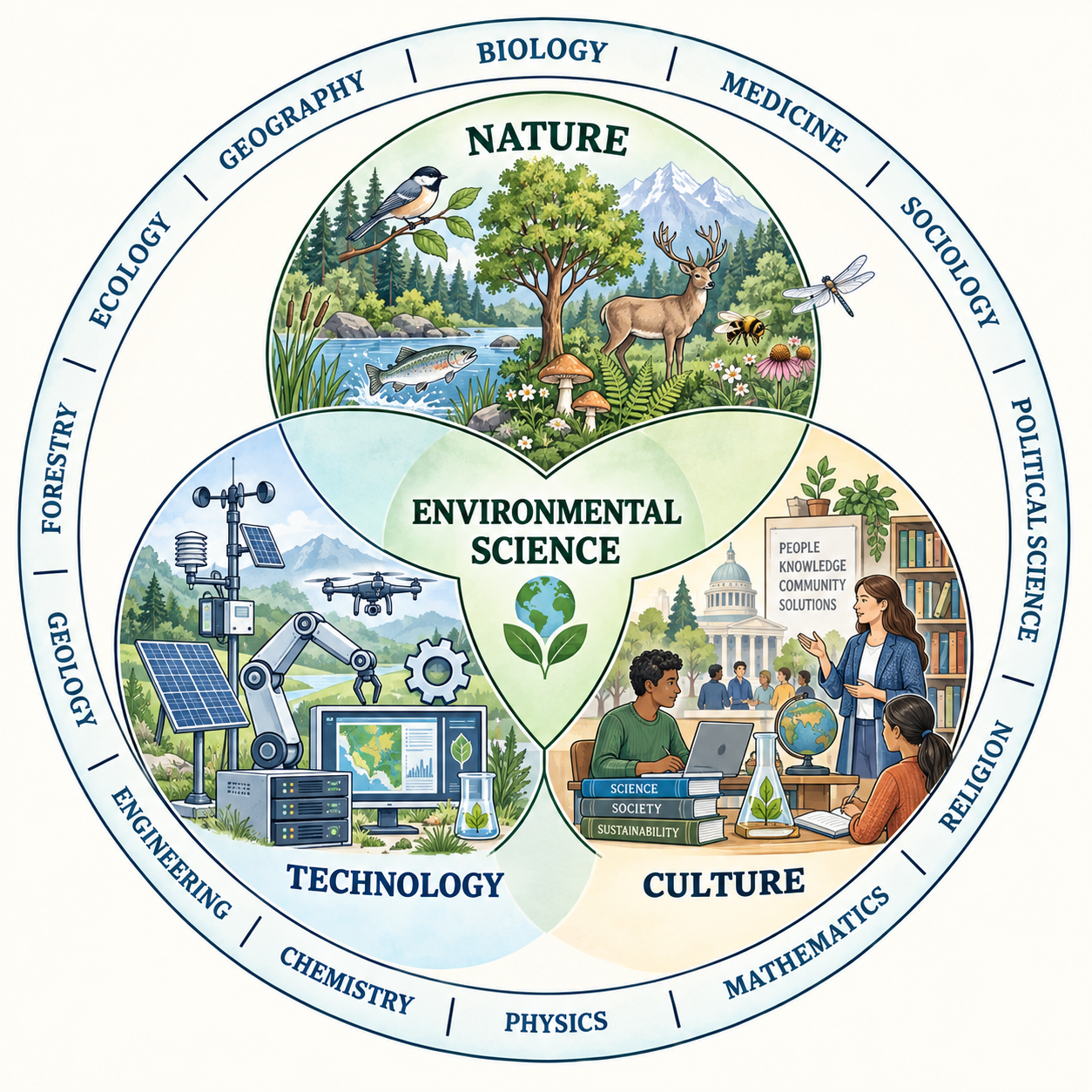 Fig. Environmental science sits at the intersection of Nature, Technology and Culture — pulling in biology, ecology, chemistry, physics, geology, sociology, economics and more.