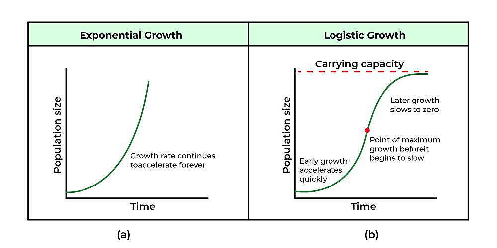 Original exponential and logistic growth comparison: population size against time, with carrying capacity marked on the logistic curve.